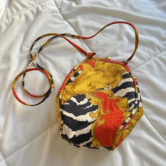 Stuart Weitzman RARE Round Crossbody Bag Silk Scarf Print Lion Zebra Vintage HTF - Picture 2 of 6